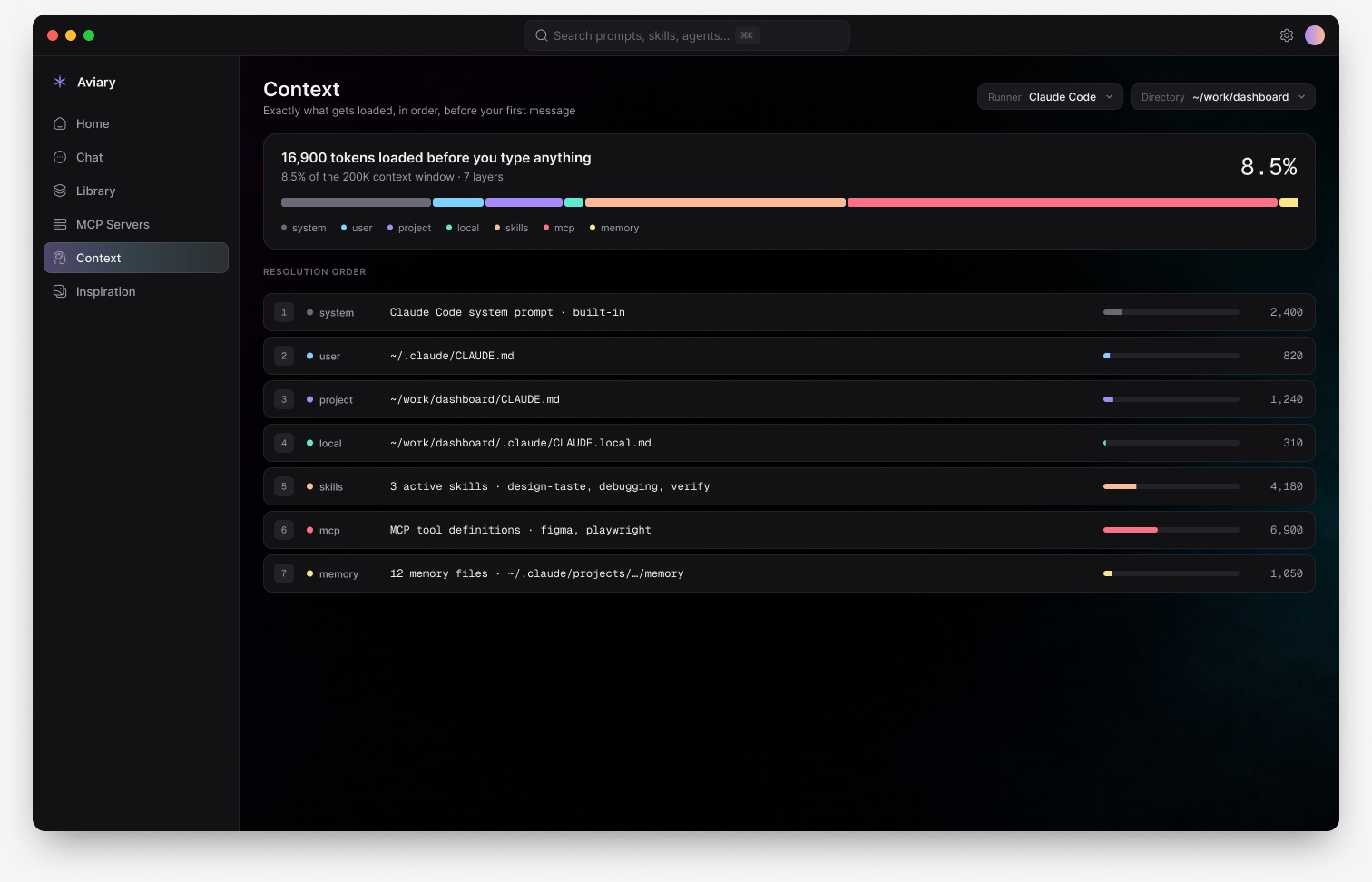 The context view, showing each instruction layer in load order with its token cost